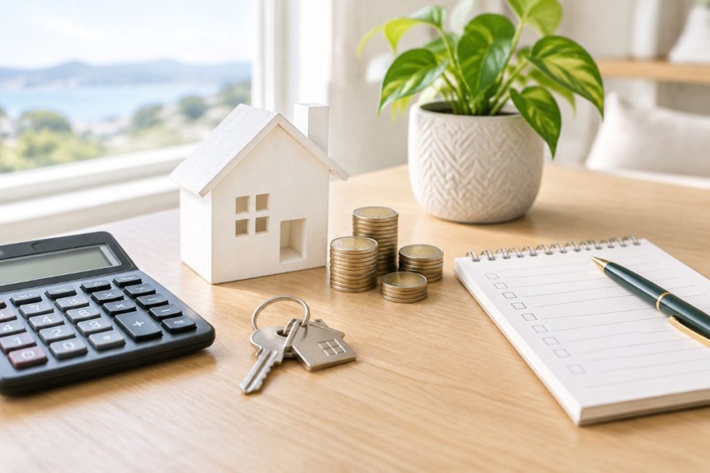 White model house, calculator, coins, house keys and a budget checklist on a light timber desk, representing the costs of owning a rental property
